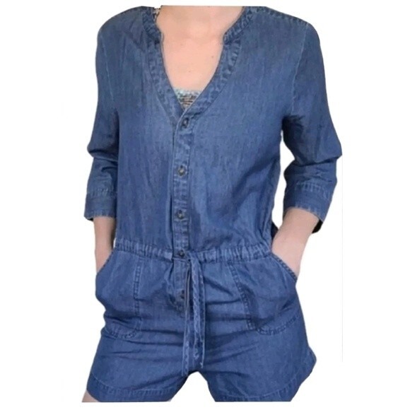 Express blue chambray button up 3/4 sleeve romper, denim, elastic & drawstring S - Picture 4 of 8